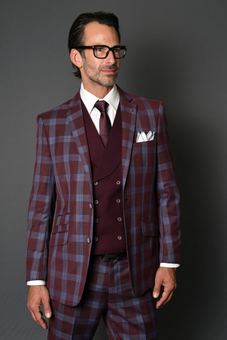 STATEMENT COMO BURGUNDY PLAID, MODERN FIT COMPOSE SUIT 3PC, WOOL ...