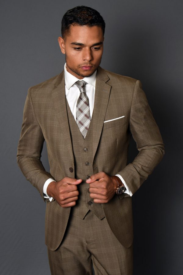 STATEMENT MANTUA-4 TAN PLAID, TAILORED FIT SUIT 3PC, WOOL ITALY ...
