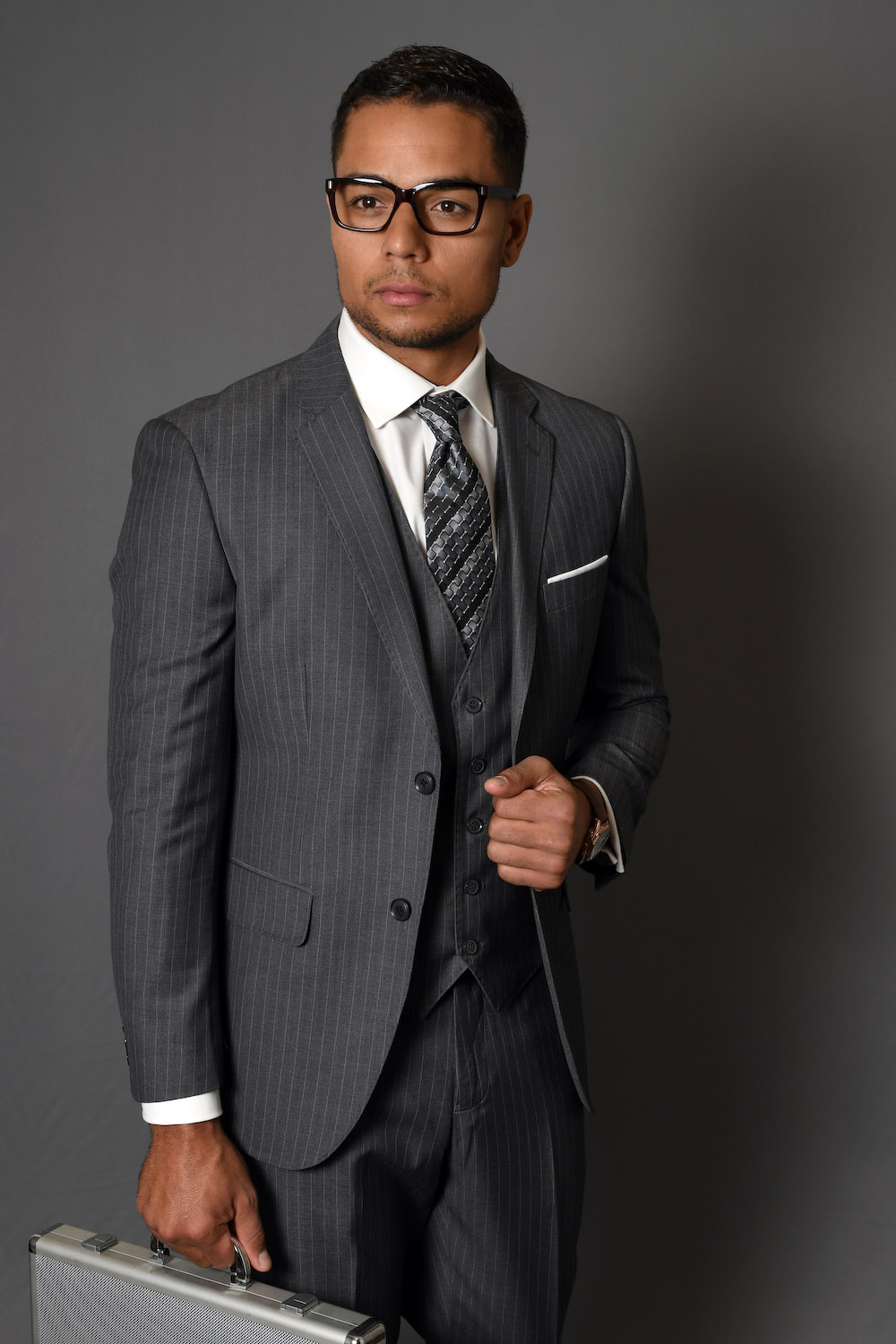 STATEMENT MANTUA-5 CHARCOAL PINSTRIPE, TAILORED FIT SUIT 3PC, WOOL ...