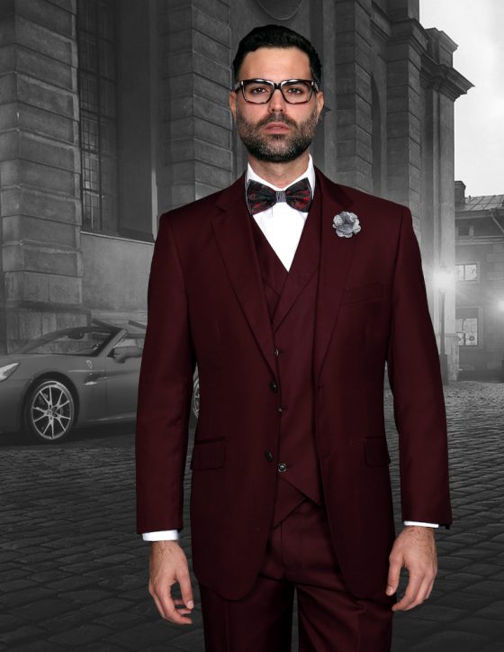 STATEMENT MESSINA BURGUNDY, 3PC SUIT WITH DOUBLE BREASTED VEST, 100% ...