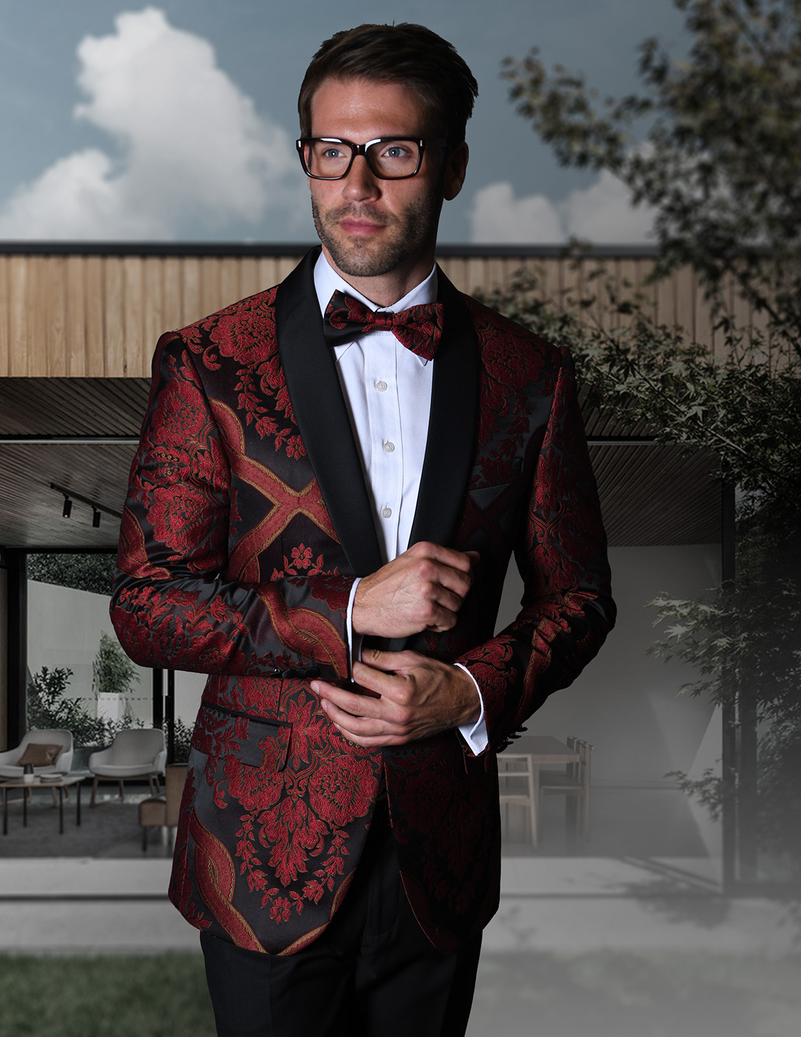 STATEMENT PJ-100 RED, FANCY SINGLE JACKET WITH MATCHING BOW TIE, MODERN ...
