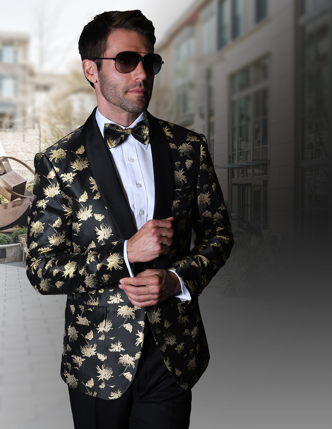 STATEMENT PJ-109 BLACK/GOLD, FANCY SINGLE JACKET WITH MATCHING BOW TIE ...
