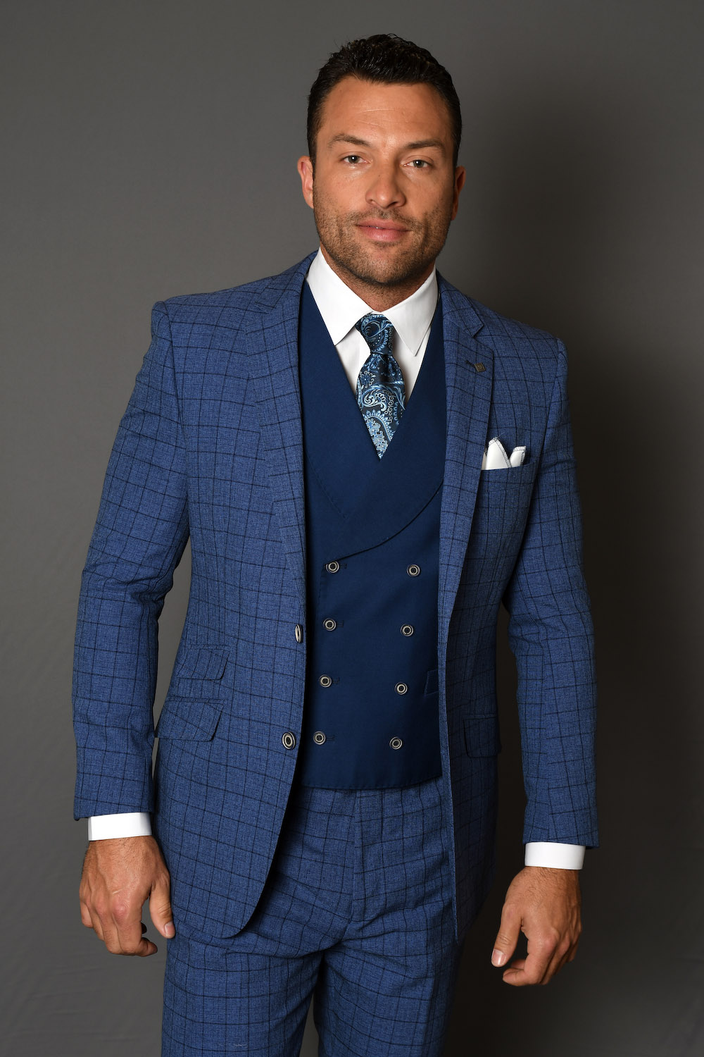 STATEMENT SABINO SAPPHIRE PLAID, MODERN FIT COMPOSE SUIT 3PC, WOOL ...