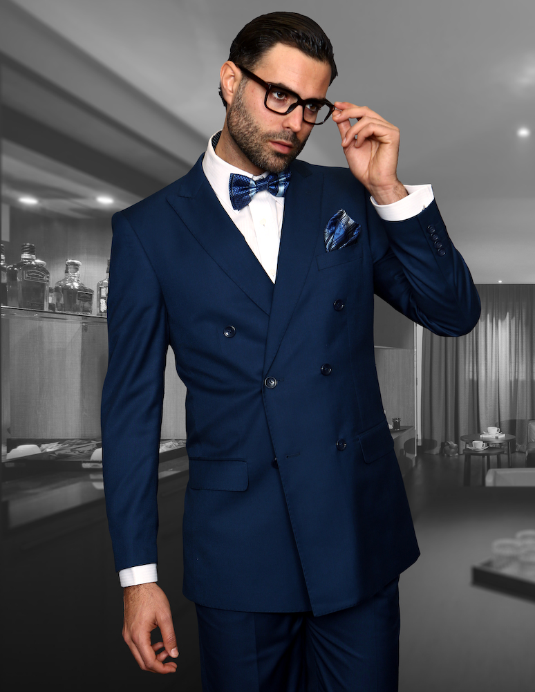 STATEMENT TZD-100 INDIGO, DOUBLE BREASTED SUIT 2PC, 100% WOOL ITALY ...