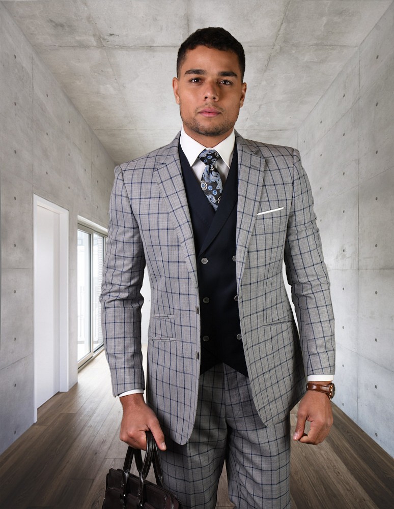 STATEMENT ORTIVA GREY PLAID, 3PC SUIT WITH DOUBLE BREASTED VEST, 100% ...