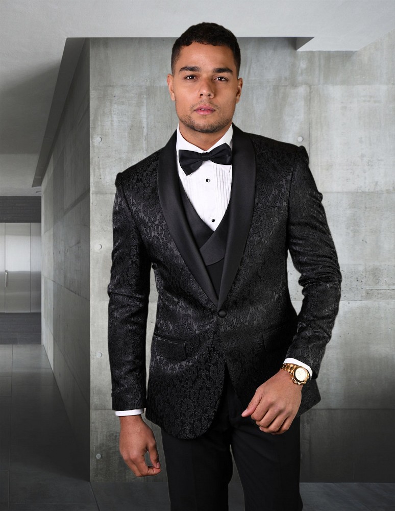 STATEMENT BELLAGIO-14 BLACK, 4 PC FANCY SUIT WITH MATCHING BOW TIE, MODERN  FIT, WOOL ITALY