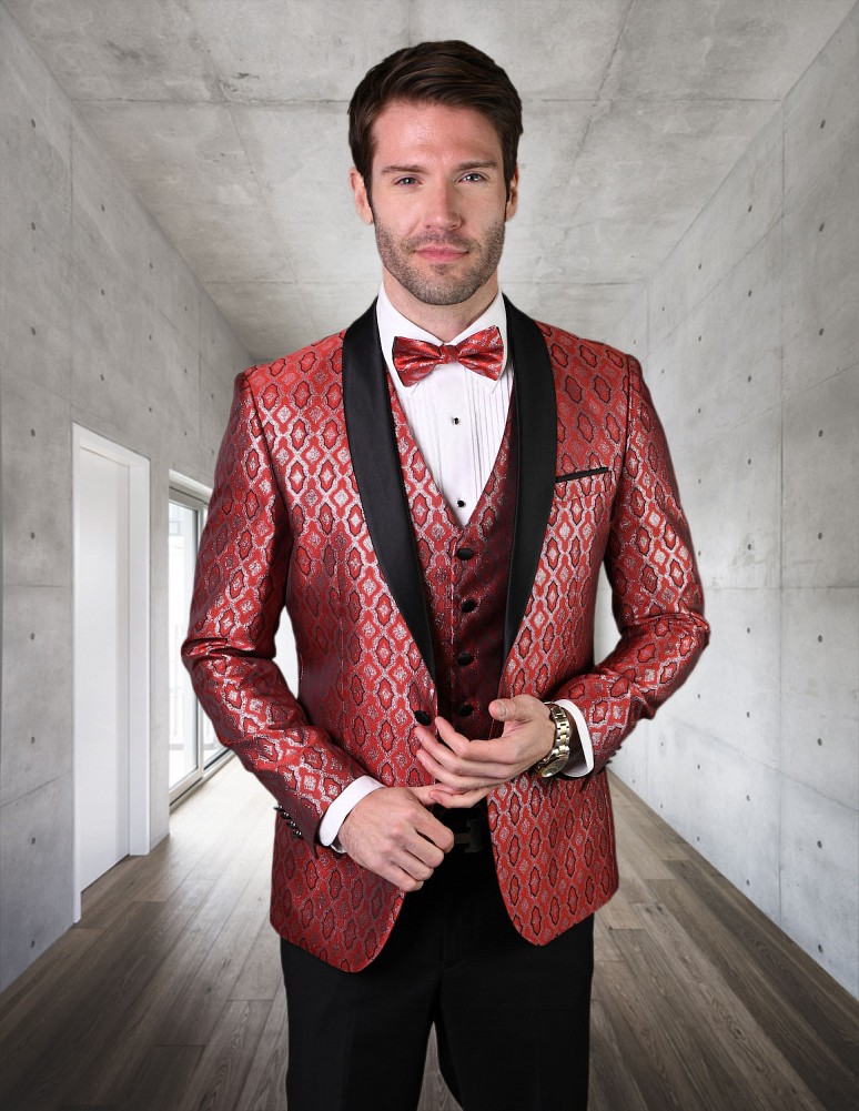STATEMENT BELLAGIO-21 RED, 4 PC FANCY SUIT WITH MATCHING BOW TIE, MODERN  FIT, WOOL ITALY