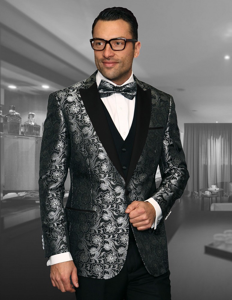 STATEMENT BELLAGIO-16 BLACK, 4 PC FANCY SUIT WITH MATCHING BOW TIE, MODERN  FIT, WOOL ITALY