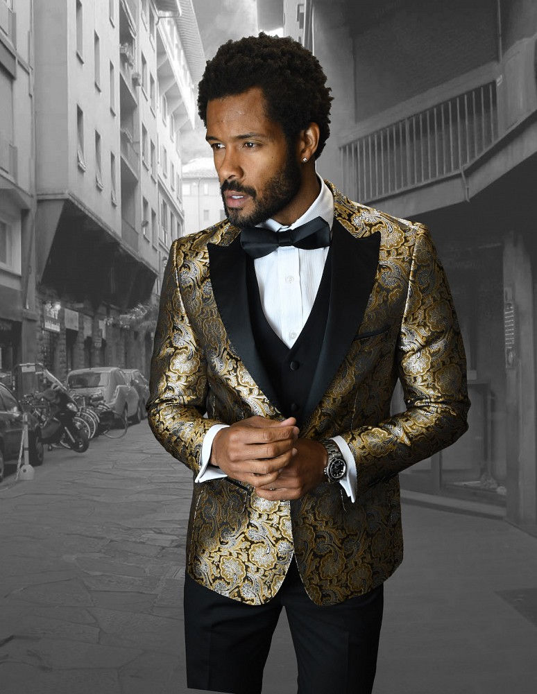 STATEMENT BELLAGIO-4 OFF GOLD, 4 PC FANCY SUIT WITH MATCHING BOW TIE, SLIM  FIT, WOOL ITALY