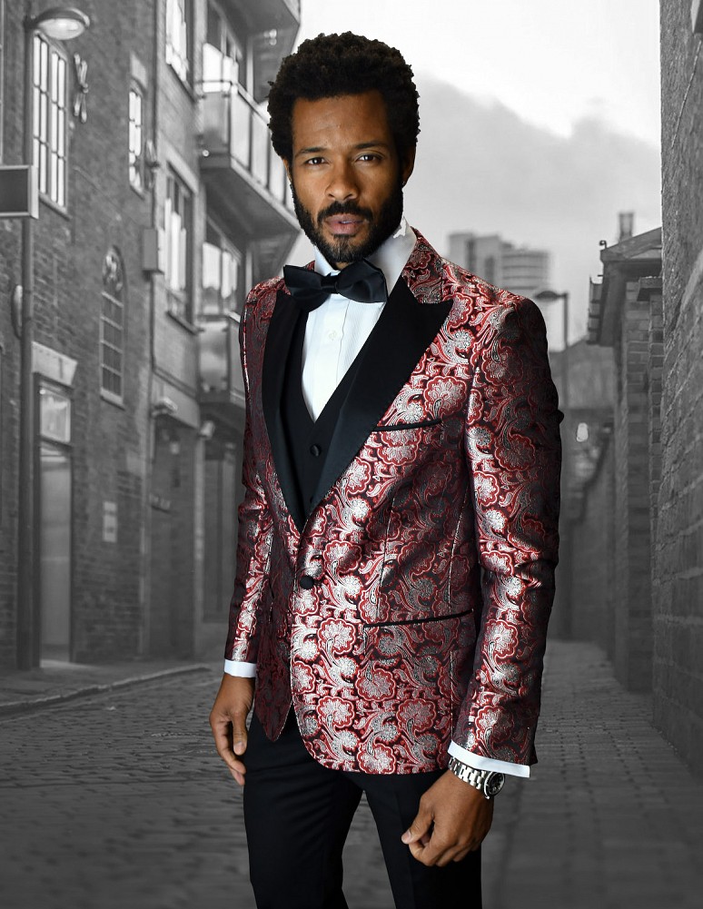 STATEMENT BELLAGIO-4 RED, 4 PC FANCY SUIT WITH MATCHING BOW TIE, SLIM FIT,  WOOL ITALY