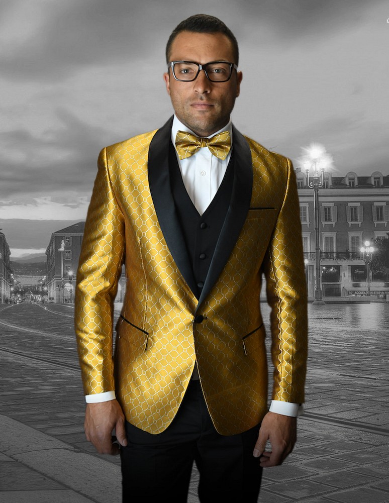 STATEMENT BELLAGIO-5 GOLD, 4 PC FANCY SUIT WITH MATCHING BOW TIE, SLIM FIT,  WOOL ITALY