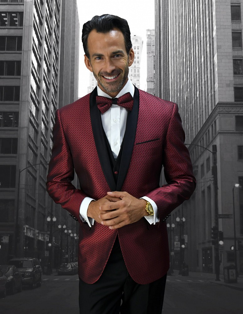 STATEMENT BELLAGIO-6 BURGUNDY, 4 PC FANCY SUIT WITH MATCHING BOW TIE, SLIM  FIT, WOOL ITALY