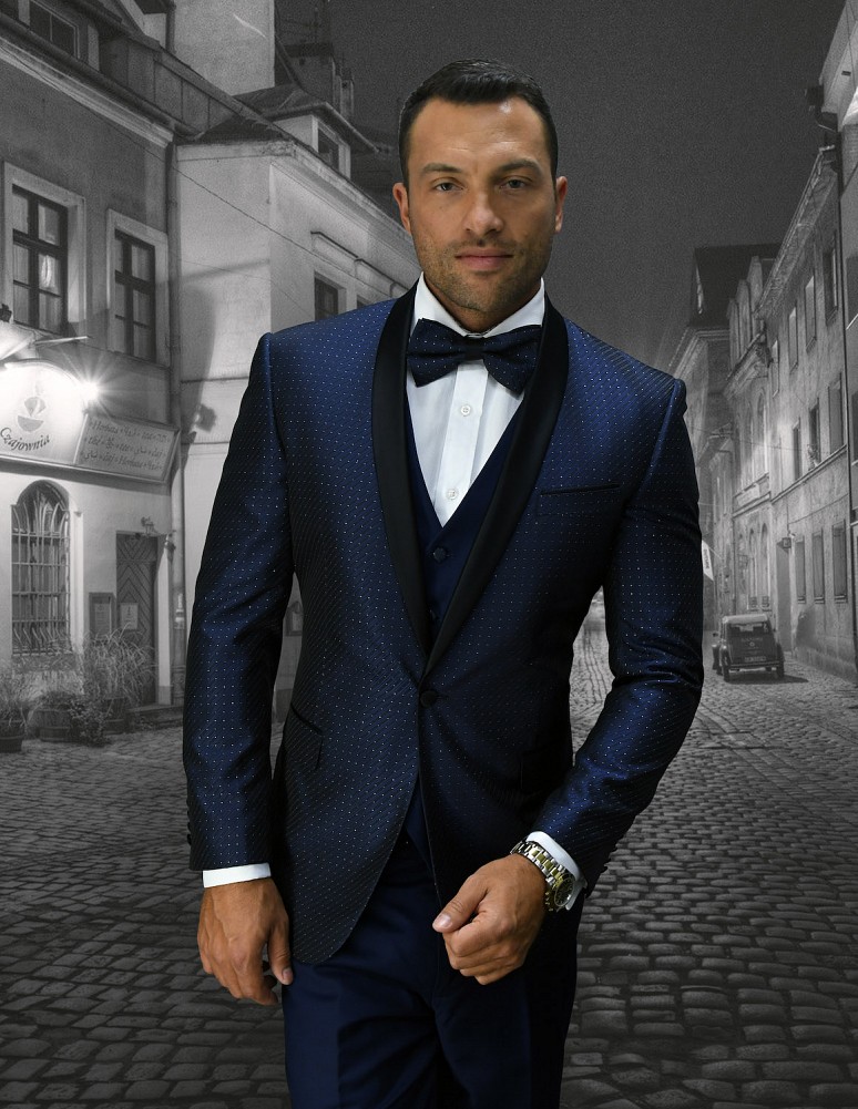 STATEMENT BELLAGIO-20 BLACK, 4 PC FANCY SUIT WITH MATCHING BOW TIE, MODERN  FIT, WOOL ITALY