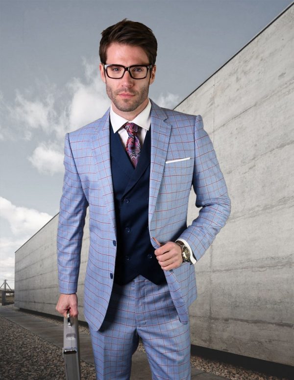 STATEMENT CORTANA BLUE PLAID, 3PC SUIT WITH DOUBLE BREASTED VEST, WOOL ...