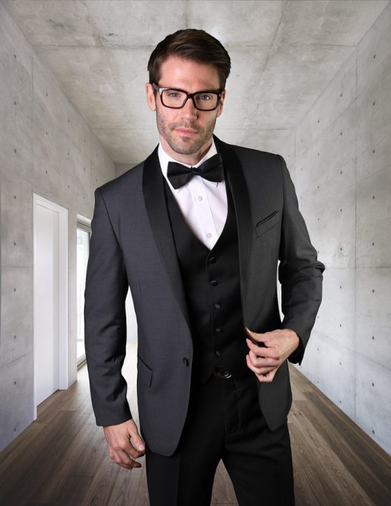 STATEMENT ENCORE CHARCOAL, 4 PC SUIT WITH MATCHING BOW TIE, MODERN FIT ...