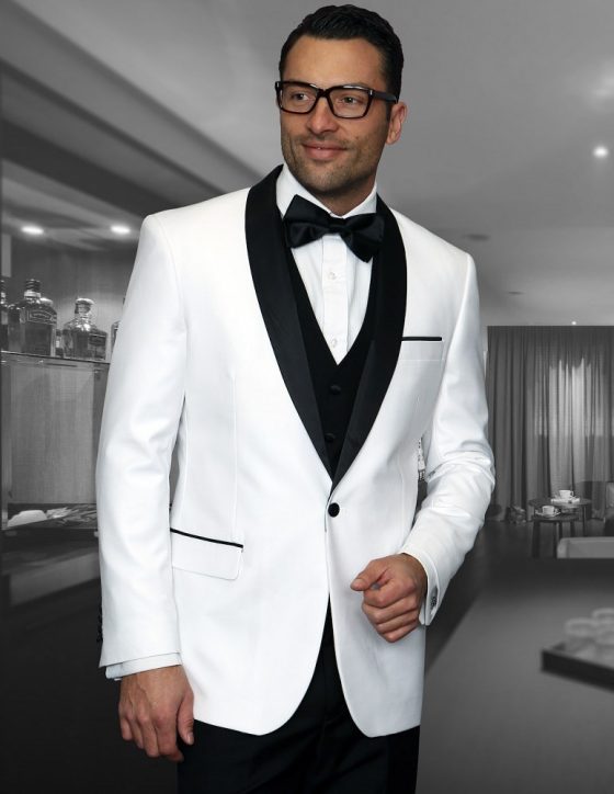 STATEMENT ENCORE WHITE, 4 PC SUIT WITH MATCHING BOW TIE, MODERN FIT ...