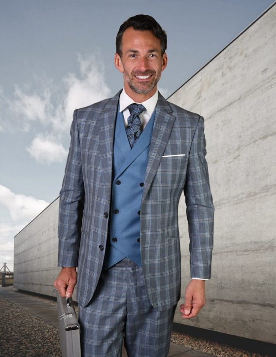 STATEMENT FINO GREY PLAID, 3PC SUIT WITH DOUBLE BREASTED VEST, WOOL ...