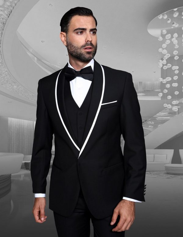 STATEMENT GENOVA-BLACK, 4 PC SUIT WITH MATCHING BOW TIE, MODERN FIT ...