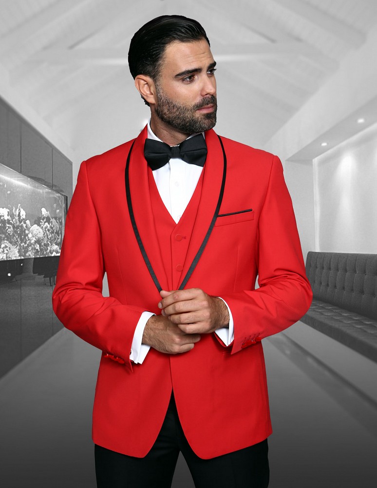 STATEMENT GENOVA-RED, 4 PC SUIT WITH MATCHING BOW TIE, MODERN FIT, WOOL ...