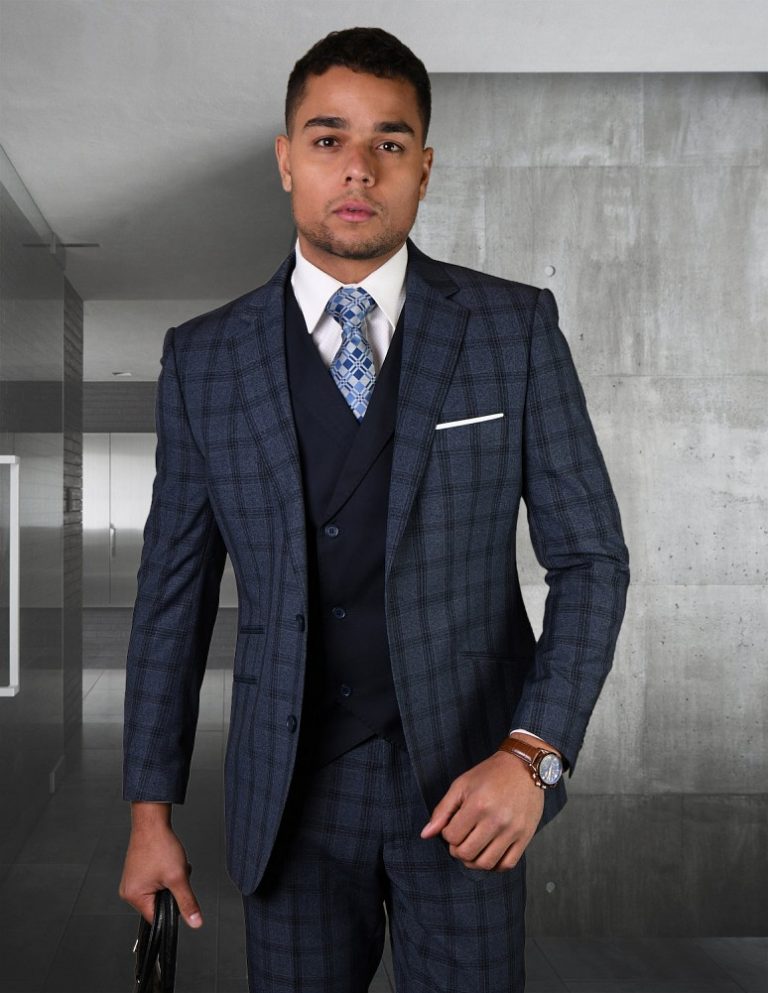 STATEMENT GEORGIO-INDIGO PLAID, 3PC SUIT WITH DOUBLE BREASTED VEST, 100 ...