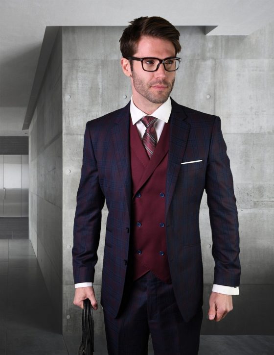 STATEMENT GILANO BURGUNDY PLAID, 3PC SUIT WITH DOUBLE BREASTED VEST ...