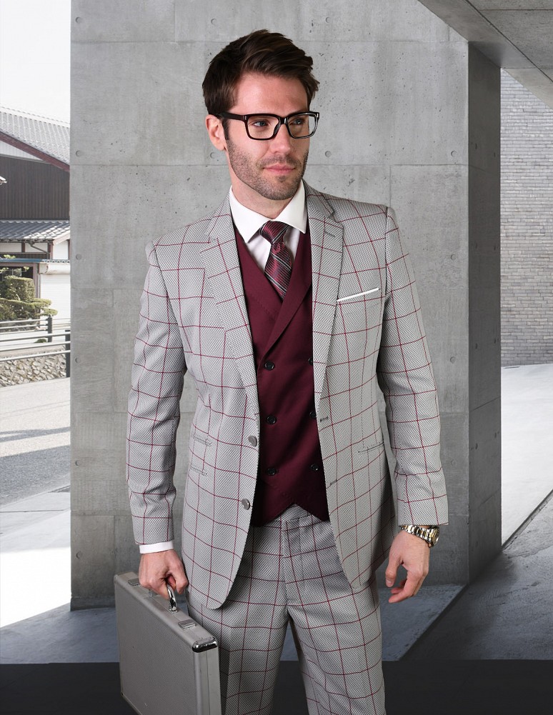 STATEMENT RIGATO GREY PLAID, 3 PC SUIT , MODERN FIT WITH DOUBLE BREASTED  VEST 100% WOOL – Studio Menwear