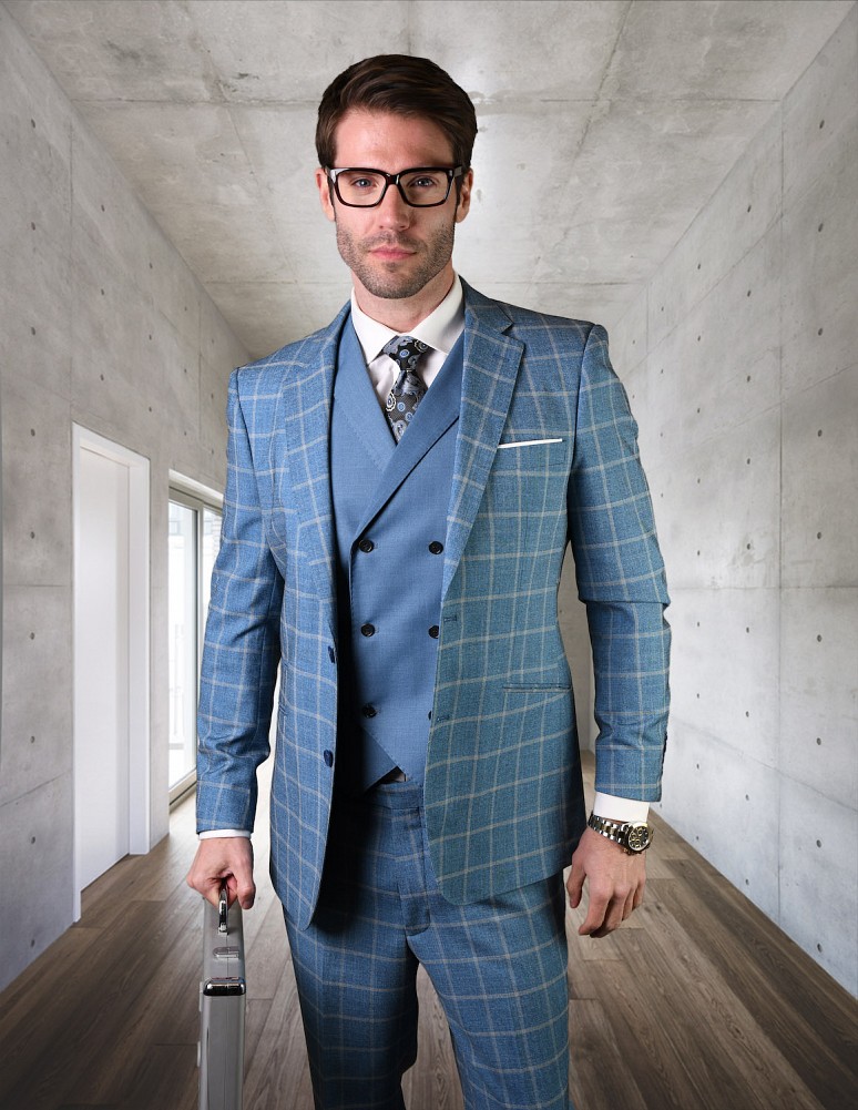 STATEMENT SPELLO-BLUE PLAID, 3 PC SUIT , MODERN FIT WITH DOUBLE ...