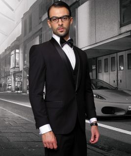 STATEMENT TUX-SH-BLACK, 3PC TUXEDO WITH SHAWL LAPEL, MODERN FIT, 100% WOOL ITALY