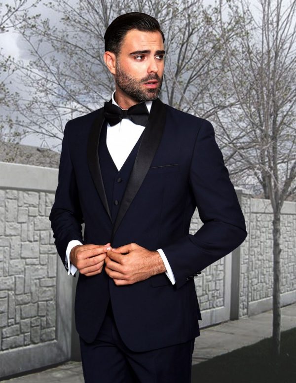 STATEMENT TUX-SH-NAVY, 3PC TUXEDO WITH SHAWL LAPEL, MODERN FIT, 100% ...