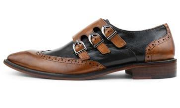 TRIPPLE CLOSURE LEATHER WING TIP MONK STRAP WITH TWO TONE DESIGN